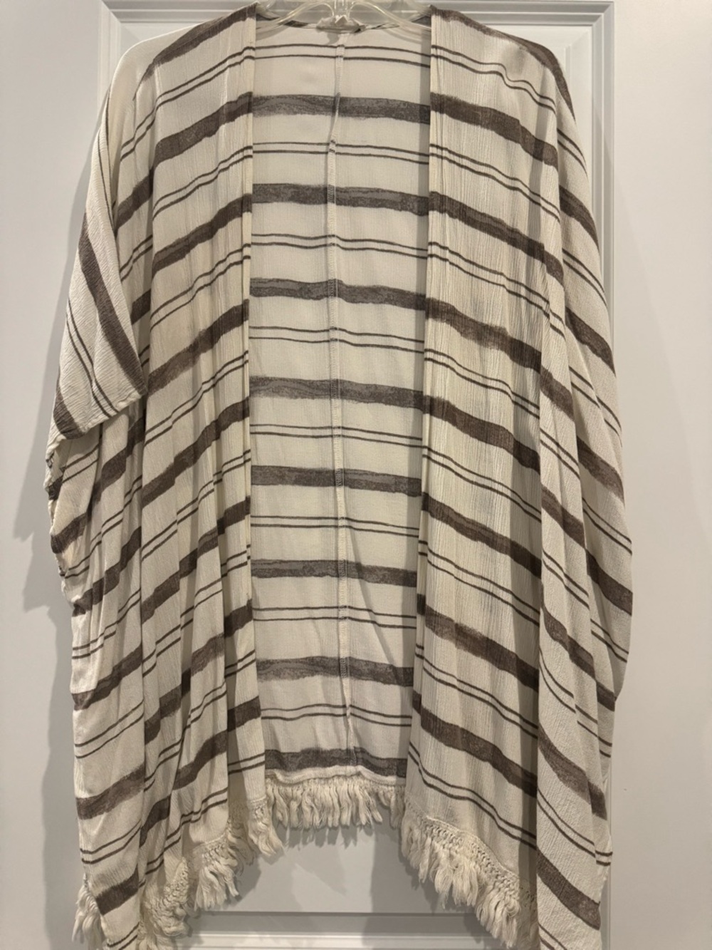 Maurices Cream and Brown Striped Fringe Kimono Cardigan
